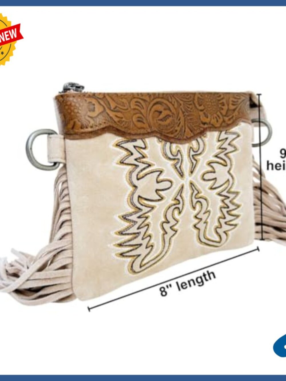 Leather Crossbody Bag with Fringe, Adjustable Strap, Zipper Pocket - Picture 4 of 7